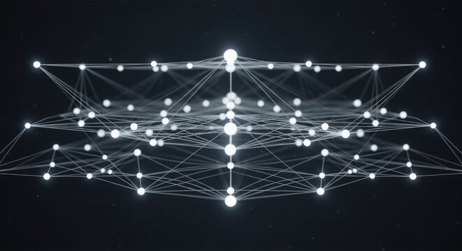 Abstract neural network structure of glowing white spheres and lines.