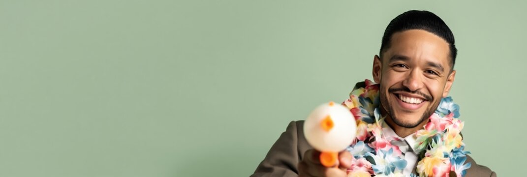 Man aiming toy gun wearing lei in green studio portrait smiling