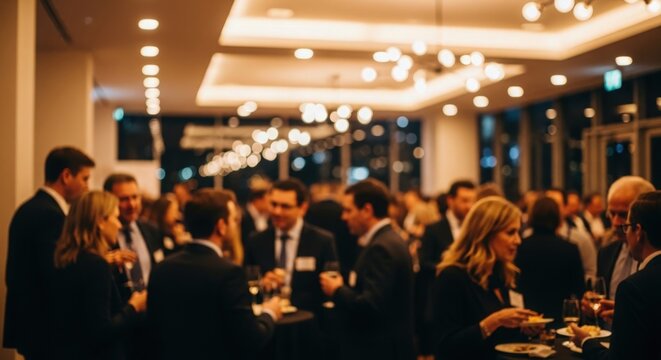 Business people networking at evening cocktail event in modern office.