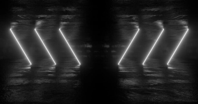Abstract monochrome neon zigzag light trails in dark fog looping animation