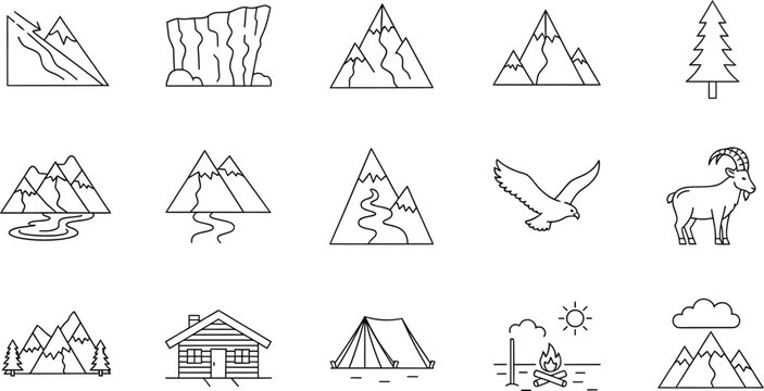 Collection of hand drawn mountain and outdoor adventure icons in a minimalist line art style
