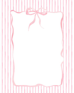 Pink coquette frame of bows on striped background. Whimsical girly romantic vintage template of ribbon. Elegant layout for Valentine's day card, invitations, baby shower, birthday, nursery decor