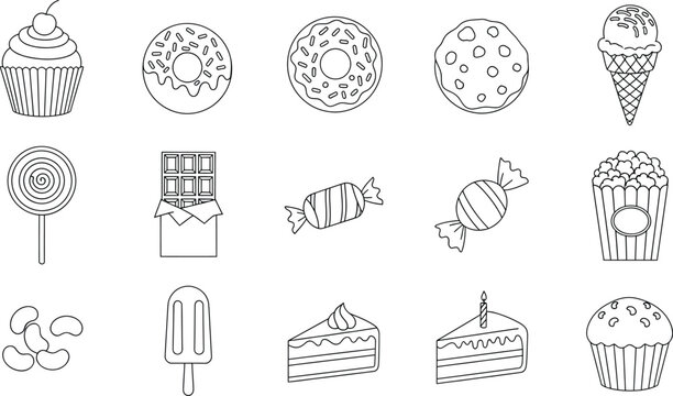 Hand-drawn sketches of various sweets including donuts, cupcakes, candy, and ice cream.