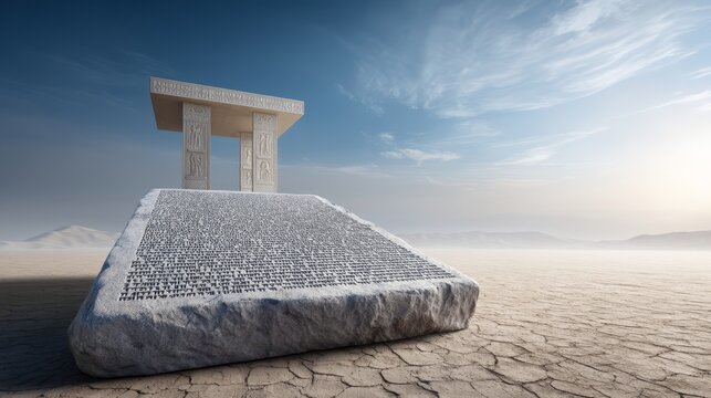 Ancient Stone Tablet with Sacred Inscriptions in a Desert Landscape