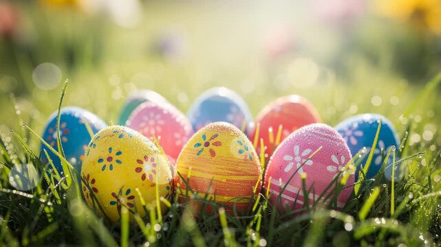 Sunlit meadow with colorful hand painted Easter eggs glistening in morning dew vibrant spring nature scene