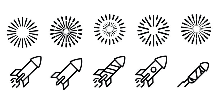 Fireworks and rocket icon vector set, celebration spark bursts and launch rockets for festival, holiday, party, and event design