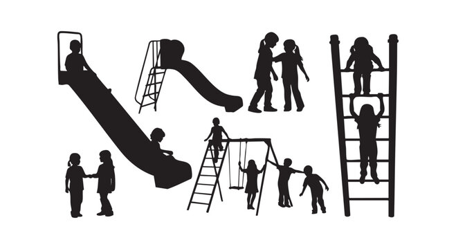 Kids silhouettes on playground equipment with children playing on slides and monkey bars in vector illustration set.