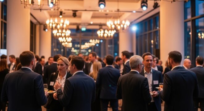 Corporate professionals networking during evening formal gala event.
