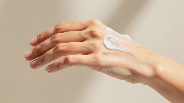 Close up of a hand gently applying smooth cream showing soft skin and delicate skincare routine