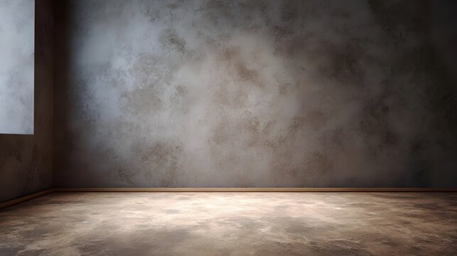 A minimalist interior corner featuring a textured gray wall and natural wood floor creating a versatile backdrop for modern displays
