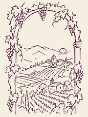 Naklejka premium Vineyard landscape with grape arch sketch vector illustration