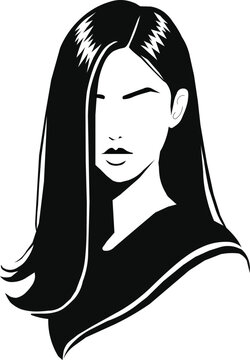 Minimalist Black and White Woman Portrait Vector Illustration with Long Straight Hair