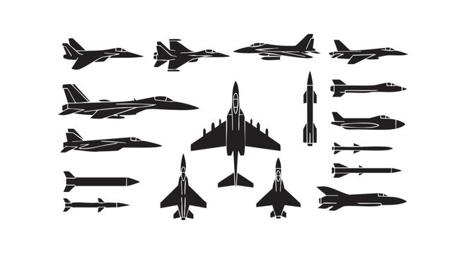 Military aviation set with black silhouettes of fighter jets and guided missiles for air defense and warfare design art.