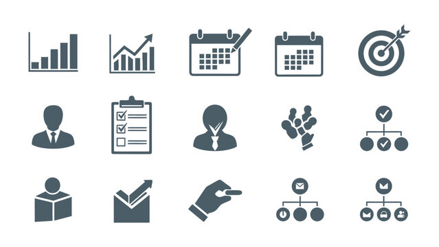 Business Icon Set: A comprehensive collection of business-related icons, each representing key concepts such as progress, planning, and goal setting, ideal for visual communication.