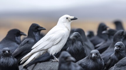 Obraz premium White Raven Among Group of Black Ravens Perched on Rock