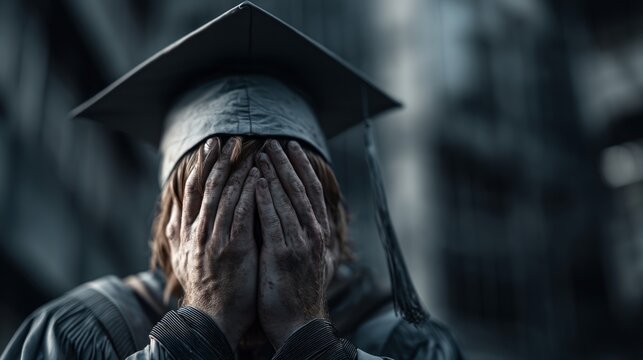Emotional Graduate in Cap and Gown Covering Face in Distress