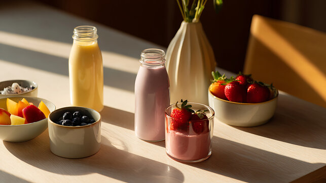 Vibrant Morning Glow: Healthy Breakfast Spread with Colorful Fruits, Smoothies, and Yogurt on a Sunny Wooden Table Background