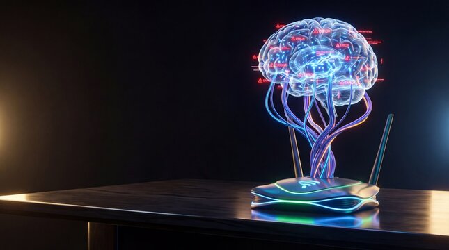 Glowing Digital Brain with Error Messages Connected to Network Router, illustrating Cybersecurity Vulnerability and Mental Overload