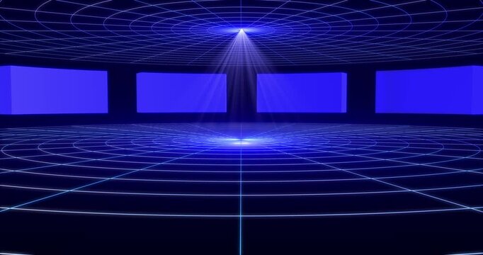 Futuristic virtual studio stage blue grid spotlight screens