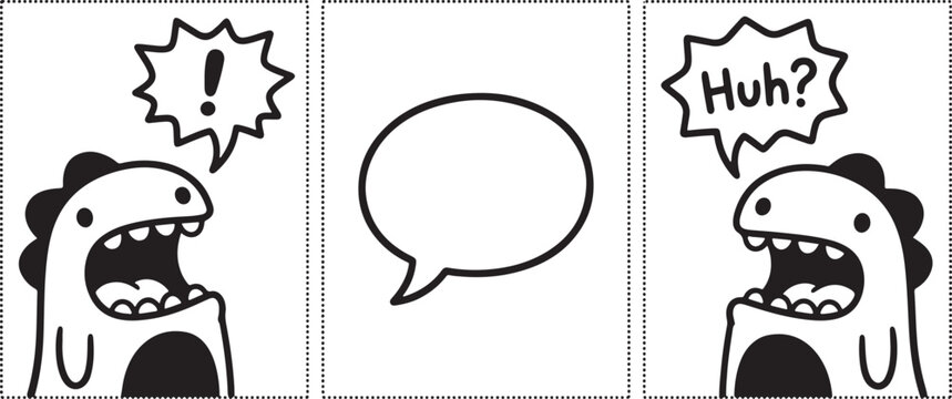 Cute dinosaur comic strip with speech bubbles isolated on a transparent background