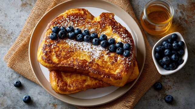 French toast stack with fresh blueberries, powdered sugar, and a side of honey, ready for a sweet breakfast or brunch