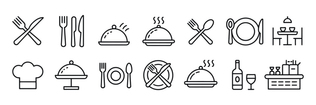 Restaurant Catering thin line icon collection featuring cutlery, plate, cloche, tray, chef hat, beverage and waiter, editable stroke vector for food service design.