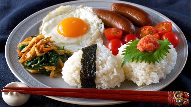 Japanese breakfast plate offering onigiri rice balls, fried egg, sausages, fresh tomatoes, and mentaiko