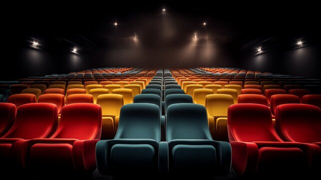 Empty Cinema Auditorium with Colorful Rows of Seats