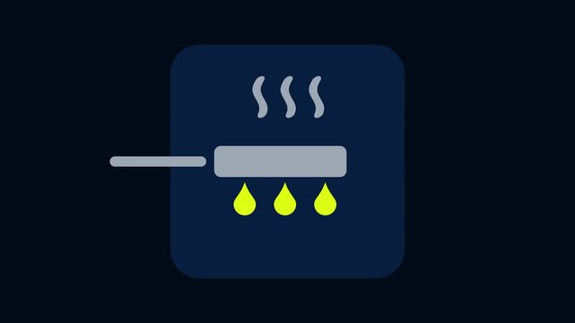 A cooking or air conditioner icon on a navy blue rounded rectangle showing steam lines rising above a horizontal surface with water drips below