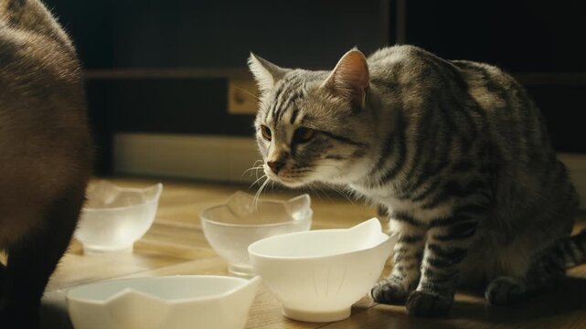 Cat shelter, home for pets, Adoption center, rescue for the animals, woman is distributing food to a group of cats in a shelter