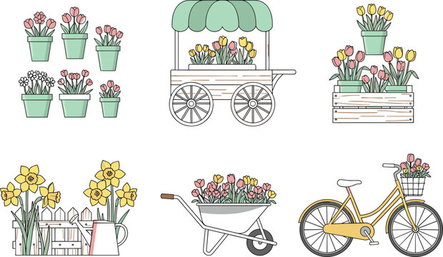 Vintage Garden Flower Shop Vector Set with Bicycle Cart Wheelbarrow and Potted Plants for Spring
