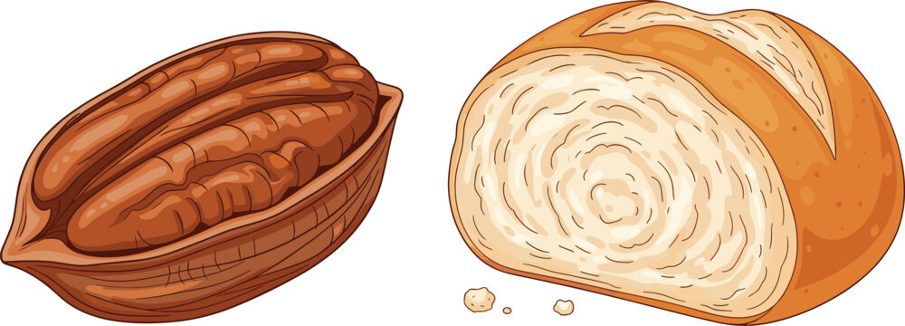 Pecan Nut in Shell and Freshly Cut Slice of Bread in Vector Illustration"