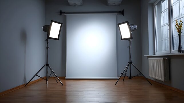 Professional studio photoshoot setting featuring two adjustable strobe lights and a seamless white backdrop over a wooden floor