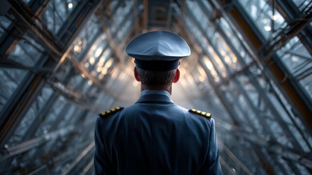 Pilot in Uniform Standing Inside Aircraft Hangar with Modern Design