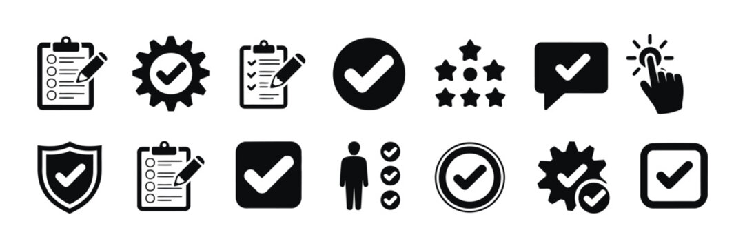 Checkmark icon set featuring tick, approve, confirm, completed and correct symbols, vector illustration for ui, exam, survey and verification concepts.