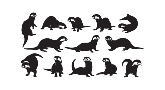 Set of black otter animal silhouettes in various dynamic poses isolated on white background for creative design projects.