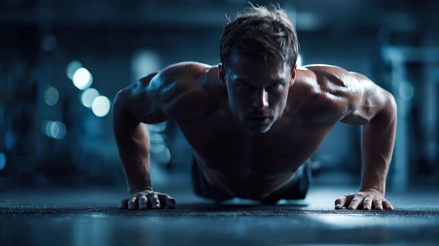 Engaging in intense push-up workout at a fitness gym during evening hours to enhance strength and endurance