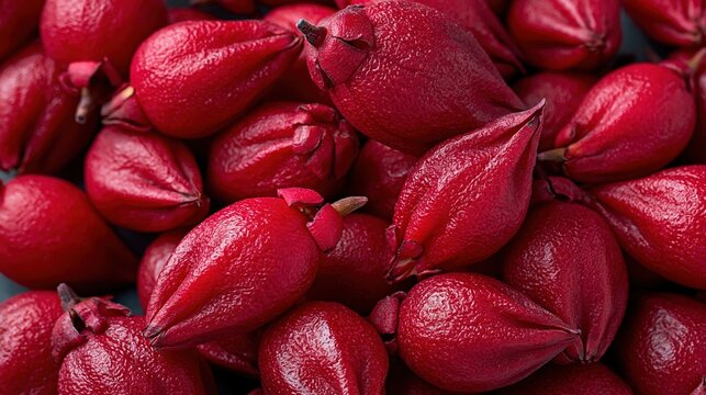 Roselle calyces close up creating a vibrant red natural texture, organic food for healthy eating and beverages