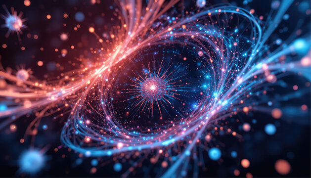 Abstract quantum computing field with particles and light trails