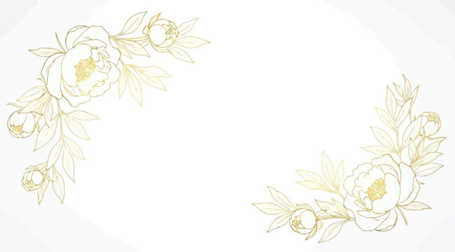Elegant floral corner frame with peonies and leaves, gold line art design