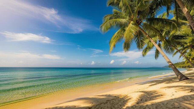 A serene tropical beach with crystal clear turquoise waters and gently swaying palm trees under blue sky