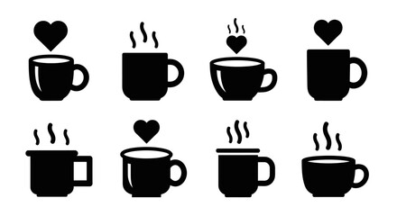 Fototapeta premium Set of eight coffee cups with hearts and steam icons in black and white, elegant design for beverage and love concepts