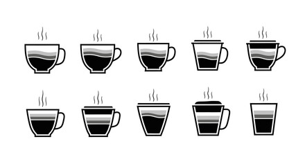 Obraz premium Ten stylized coffee cup icons showing layered drinks with steam, suitable for coffee menu or beverage industry designs