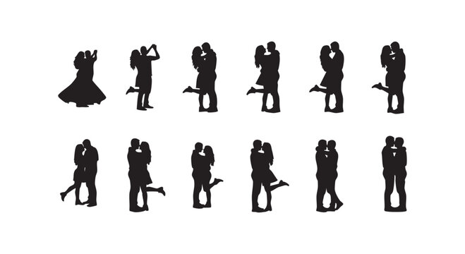 Set of black silhouettes showing romantic couples in various loving poses for wedding invitation or valentines day card.