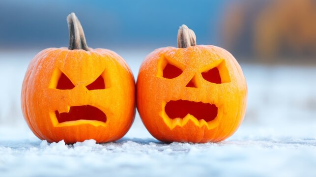 Large Carved Pumpkins on Frozen Ground with Expressions of Fright and Fun
