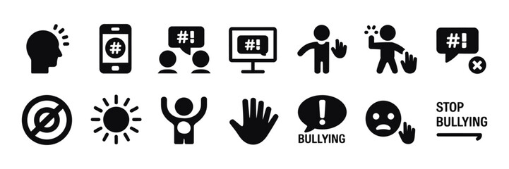 Social issues and global problems icon collection including cyber bullying, violence, discrimination, anxiety and crime, vector illustration for awareness campaigns and education