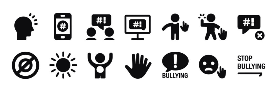 Social issues and global problems icon collection including cyber bullying, violence, discrimination, anxiety and crime, vector illustration for awareness campaigns and education