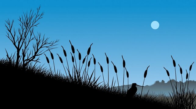 Wetland landscape silhouette with bird at night, moon appearing in a blue sky above marsh reeds and dry tree