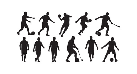 Fototapeta premium Set of male soccer and field hockey player silhouettes in various actions isolated on white background for sports.