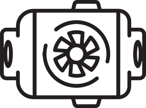 Highly detailed black and white vector icon of a hydraulic pump with rotating impeller, perfect for engineering schematics, industrial manuals, mechanical diagrams, fluid power systems